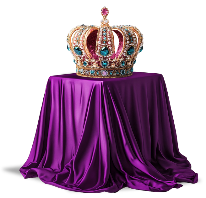 Jewelled crown on a purple velvet table